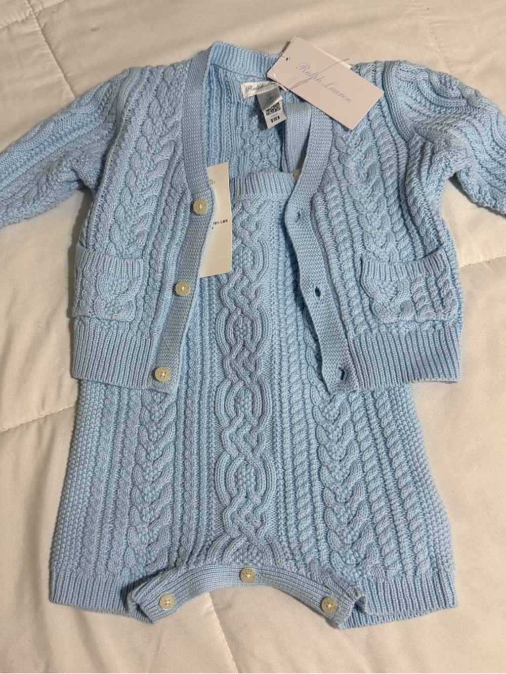 Ralph Lauren Light Blue Cable Knit Baby Cardigan Set
